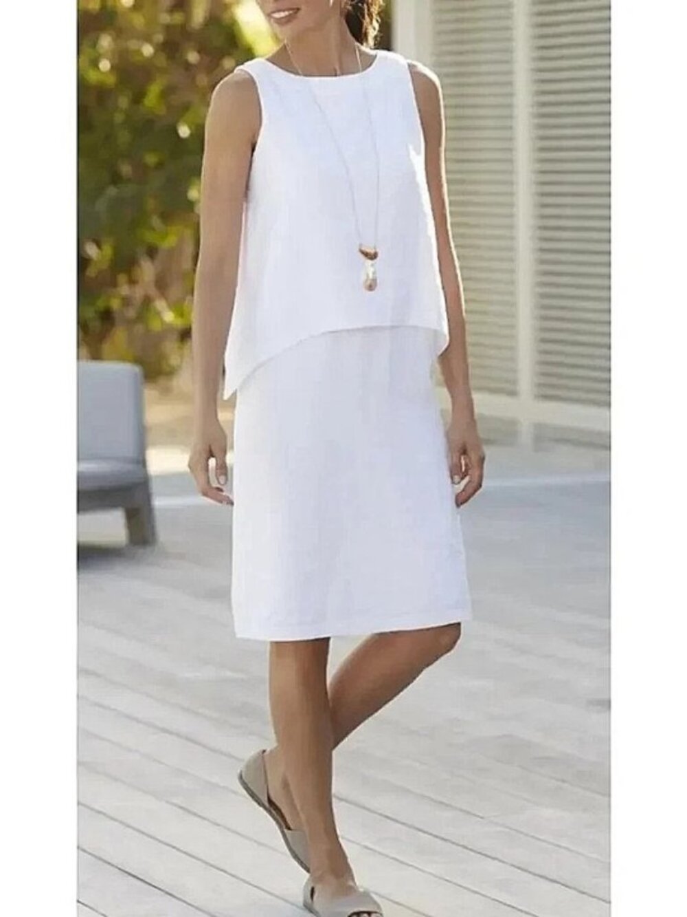 Jill Pure White Tiered Linen Shift Dress Petite L Sleeveless Lined Resort